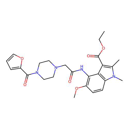 ethyl 4-({[4-(furan-2-ylcarbonyl)piperazin-1-yl]acetyl}amino)-5-methoxy-1,2-dimethyl-1H-indole-3-carboxylate structure
