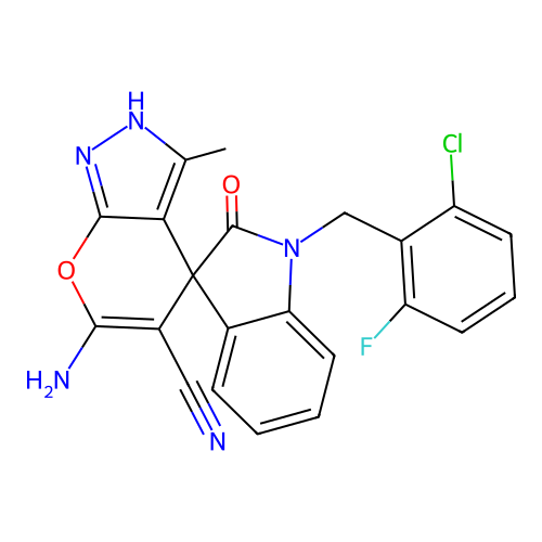 6'-amino-1-(2-chloro-6-fluorobenzyl)-3'-methyl-2-oxo-1'H-spiro[indoline-3,4'-pyrano[2,3-c]pyrazole]-5'-carbonitrile structure