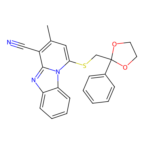 2-methyl-4-[(2-phenyl(1,3-dioxolan-2-yl))methylthio]-5-hydropyridino[1,2-a]ben zimidazolecarbonitrile structure