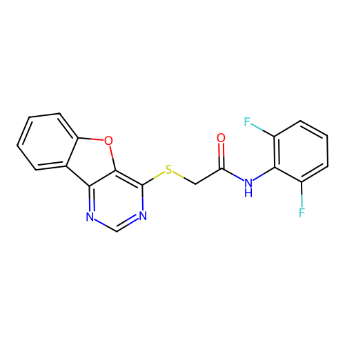 2-([1]benzofuro[3,2-d]pyrimidin-4-ylsulfanyl)-N-(2,6-difluorophenyl)acetamide structure