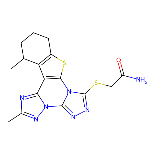 2-((2,13-dimethyl-10,11,12,13-tetrahydrobenzo[4,5]thieno[3,2-e]bis([1,2,4]triazolo)[4,3-a:1',5'-c]pyrimidin-7-yl)thio)acetamide structure