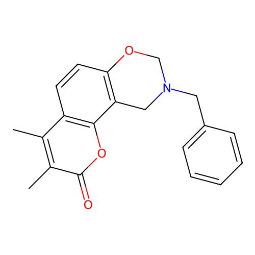 9-benzyl-3,4-dimethyl-9,10-dihydro-2H,8H-chromeno[8,7-e][1,3]oxazin-2-one structure