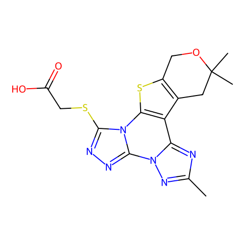 2-((2,12,12-trimethyl-12,13-dihydro-10H-pyrano[4',3':4,5]thieno[3,2-e]bis([1,2,4]triazolo)[4,3-a:1',5'-c]pyrimidin-7-yl)thio)acetic acid structure