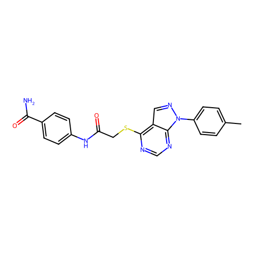 4-(2-((1-(p-tolyl)-1H-pyrazolo[3,4-d]pyrimidin-4-yl)thio)acetamido)benzamide structure