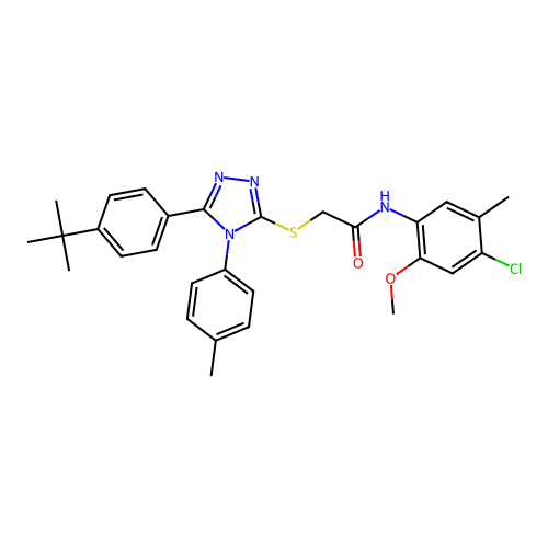 2-{[5-(4-tert-butylphenyl)-4-(4-methylphenyl)-4H-1,2,4-triazol-3-yl]sulfanyl}-N-(4-chloro-2-methoxy-5-methylphenyl)acetamide structure