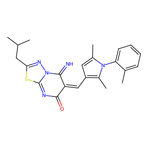 (E)-6-((2,5-dimethyl-1-(o-tolyl)-1H-pyrrol-3-yl)methylene)-5-imino-2-isobutyl-5H-[1,3,4]thiadiazolo[3,2-a]pyrimidin-7(6H)-one structure