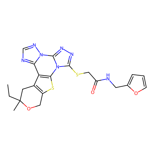 2-[(12-ethyl-12-methyl-12,13-dihydro-10H-pyrano[4',3':4,5]thieno[3,2-e]bis[1,2,4]triazolo[4,3-a:1',5'-c]pyrimidin-7-yl)sulfanyl]-N-(furan-2-ylmethyl)acetamide structure