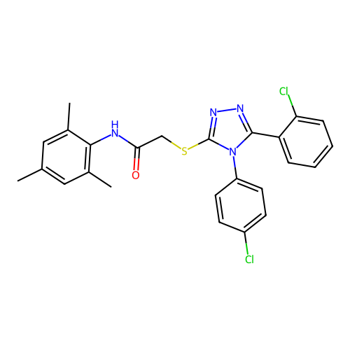2-{[5-(2-chlorophenyl)-4-(4-chlorophenyl)-4H-1,2,4-triazol-3-yl]sulfanyl}-N-(2,4,6-trimethylphenyl)acetamide structure