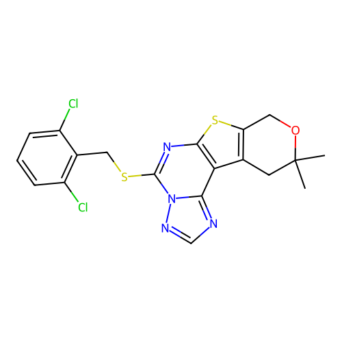5-((2,6-dichlorobenzyl)thio)-10,10-dimethyl-10,11-dihydro-8H-pyrano[4',3':4,5]thieno[3,2-e][1,2,4]triazolo[1,5-c]pyrimidine structure