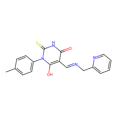 (5E)-1-(4-methylphenyl)-5-[(pyridin-2-ylmethylamino)methylidene]-2-sulfanylidene-1,3-diazinane-4,6-dione structure