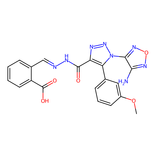 (E)-2-((2-(1-(4-amino-1,2,5-oxadiazol-3-yl)-5-(3-methoxyphenyl)-1H-1,2,3-triazole-4-carbonyl)hydrazono)methyl)benzoic acid structure