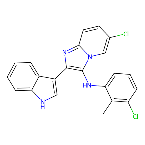 6-chloro-N-(3-chloro-2-methylphenyl)-2-(1H-indol-3-yl)imidazo[1,2-a]pyridin-3-amine structure