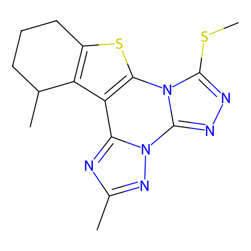 2,13-dimethyl-10,11,12,13-tetrahydro[1]benzothieno[3,2-e]di[1,2,4]triazolo[4,3-a:1,5-c]pyrimidin-7-yl methyl sulfide structure