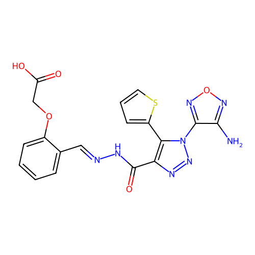 (E)-2-(2-((2-(1-(4-amino-1,2,5-oxadiazol-3-yl)-5-(thiophen-2-yl)-1H-1,2,3-triazole-4-carbonyl)hydrazono)methyl)phenoxy)acetic acid structure