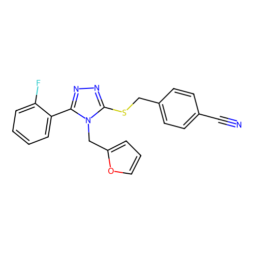 4-({[5-(2-fluorophenyl)-4-(furan-2-ylmethyl)-4H-1,2,4-triazol-3-yl]sulfanyl}methyl)benzonitrile structure