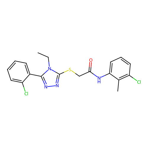 N-(3-chloro-2-methyl-phenyl)-2-[[5-(2-chlorophenyl)-4-ethyl-1,2,4-triazol-3-yl]sulfanyl]acetamide structure
