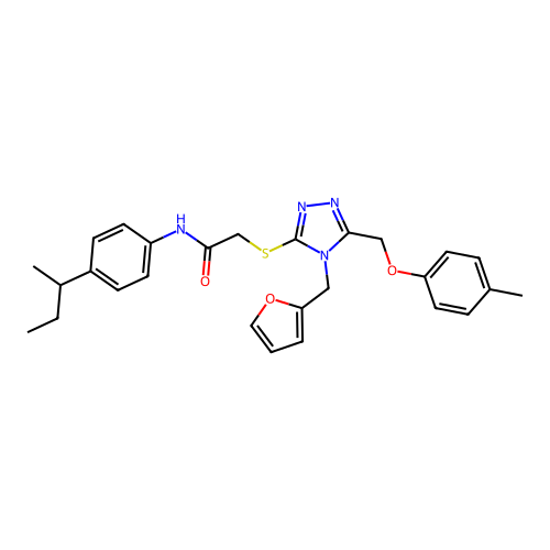 2-{4-(2-furylmethyl)-5-[(4-methylphenoxy)methyl](1,2,4-triazol-3-ylthio)}-N-[4 -(methylpropyl)phenyl]acetamide structure
