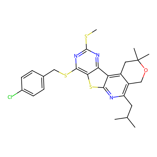 8-((4-chlorobenzyl)thio)-5-isobutyl-2,2-dimethyl-10-(methylthio)-2,4-dihydro-1H-pyrano[4'',3'':4',5']pyrido[3',2':4,5]thieno[3,2-d]pyrimidine structure