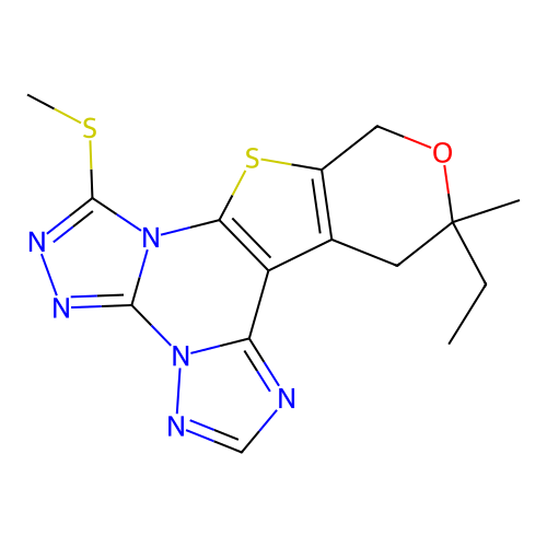 12-ethyl-12-methyl-7-(methylsulfanyl)-12,13-dihydro-10H-pyrano[4',3':4,5]thieno[3,2-e]bis[1,2,4]triazolo[4,3-a:1',5'-c]pyrimidine structure