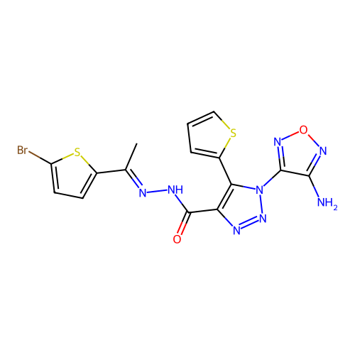 (E)-1-(4-amino-1,2,5-oxadiazol-3-yl)-N'-(1-(5-bromothiophen-2-yl)ethylidene)-5-(thiophen-2-yl)-1H-1,2,3-triazole-4-carbohydrazide structure