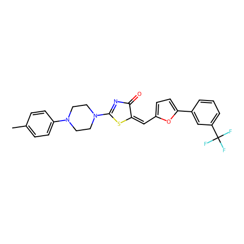 (5E)-2-[4-(4-methylphenyl)piperazin-1-yl]-5-({5-[3-(trifluoromethyl)phenyl]furan-2-yl}methylidene)-1,3-thiazol-4(5H)-one structure