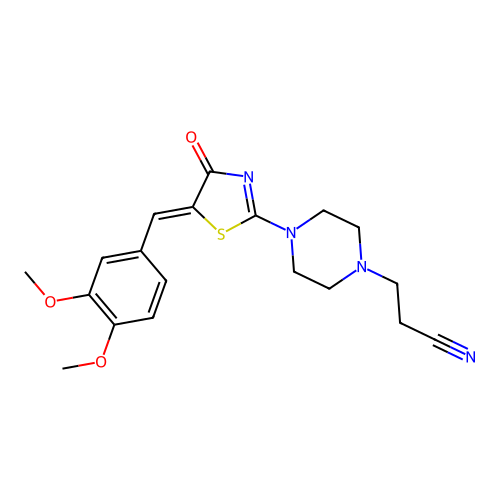 (Z)-3-(4-(5-(3,4-dimethoxybenzylidene)-4-oxo-4,5-dihydrothiazol-2-yl)piperazin-1-yl)propanenitrile structure