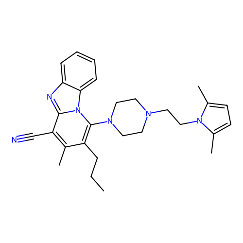 1-(4-(2-(2,5-dimethyl-1H-pyrrol-1-yl)ethyl)piperazin-1-yl)-3-methyl-2-propylbenzo[4,5]imidazo[1,2-a]pyridine-4-carbonitrile structure