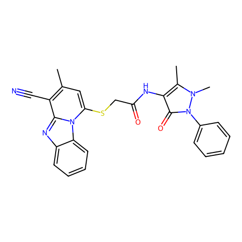 2-((4-cyano-3-methylbenzo[4,5]imidazo[1,2-a]pyridin-1-yl)thio)-N-(1,5-dimethyl-3-oxo-2-phenyl-2,3-dihydro-1H-pyrazol-4-yl)acetamide structure