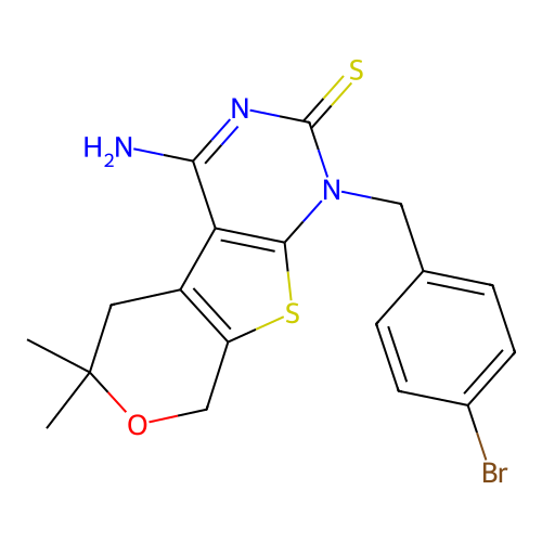 1-(4-bromobenzyl)-4-imino-6,6-dimethyl-3,4,5,6-tetrahydro-1H-pyrano[4',3':4,5]thieno[2,3-d]pyrimidine-2(8H)-thione structure