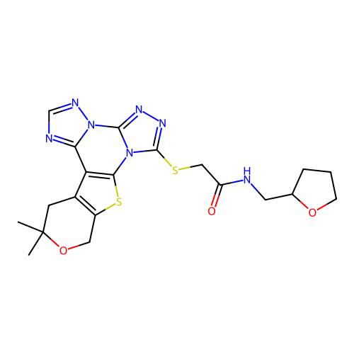2-((12,12-dimethyl-12,13-dihydro-10H-pyrano[4',3':4,5]thieno[3,2-e]bis([1,2,4]triazolo)[4,3-a:1',5'-c]pyrimidin-7-yl)thio)-N-((tetrahydrofuran-2-yl)methyl)acetamide structure