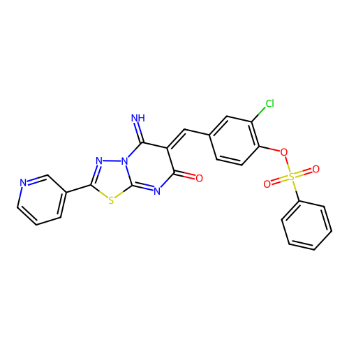 (Z)-2-chloro-4-((5-imino-7-oxo-2-(pyridin-3-yl)-5H-[1,3,4]thiadiazolo[3,2-a]pyrimidin-6(7H)-ylidene)methyl)phenyl benzenesulfonate structure