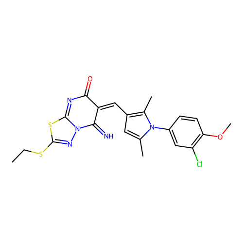 (6E)-6-[[1-(3-chloro-4-methoxyphenyl)-2,5-dimethylpyrrol-3-yl]methylidene]-2-ethylsulfanyl-5-imino-[1,3,4]thiadiazolo[3,2-a]pyrimidin-7-one structure
