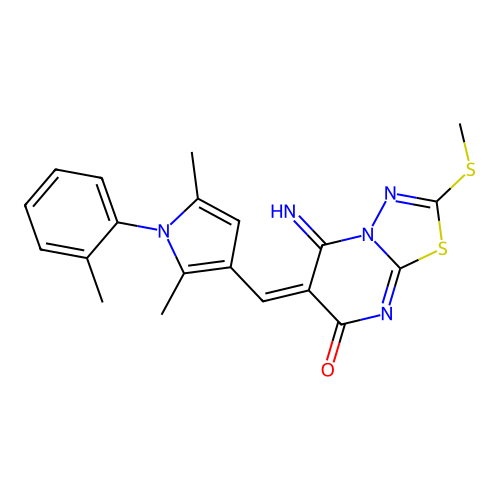 (6E)-6-[[2,5-dimethyl-1-(2-methylphenyl)pyrrol-3-yl]methylidene]-5-imino-2-methylsulfanyl-[1,3,4]thiadiazolo[3,2-a]pyrimidin-7-one structure