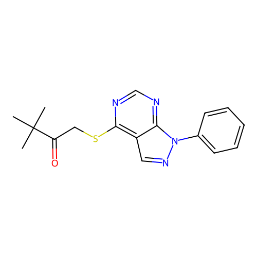 3,3-Dimethyl-1-(1-phenylpyrazolo[3,4-d]pyrimidin-4-yl)sulfanylbutan-2-one structure