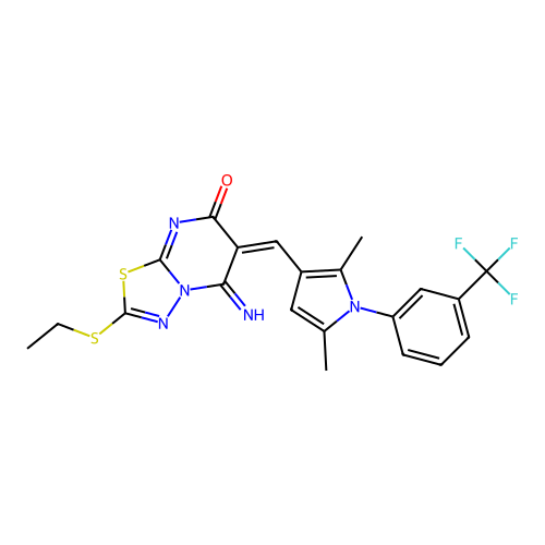 (6E)-6-({2,5-dimethyl-1-[3-(trifluoromethyl)phenyl]-1H-pyrrol-3-yl}methylidene)-2-(ethylsulfanyl)-5-imino-5,6-dihydro-7H-[1,3,4]thiadiazolo[3,2-a]pyrimidin-7-one structure