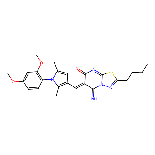 (6Z)-2-butyl-6-[[1-(2,4-dimethoxyphenyl)-2,5-dimethylpyrrol-3-yl]methylidene]-5-imino-[1,3,4]thiadiazolo[3,2-a]pyrimidin-7-one structure