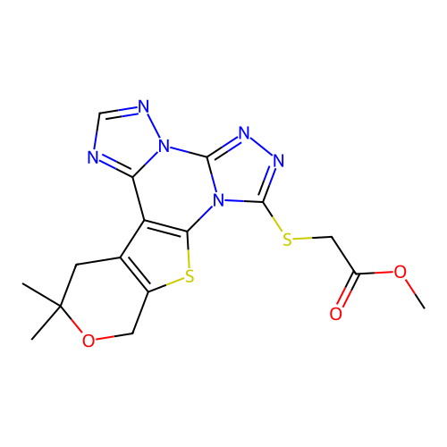 methyl [(12,12-dimethyl-12,13-dihydro-10H-pyrano[4',3':4,5]thieno[3,2-e]bis[1,2,4]triazolo[4,3-a:1',5'-c]pyrimidin-7-yl)sulfanyl]acetate structure