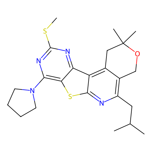 2,2-dimethyl-5-(2-methylpropyl)-10-(methylsulfanyl)-8-(pyrrolidin-1-yl)-1,4-dihydro-2H-pyrano[4'',3'':4',5']pyrido[3',2':4,5]thieno[3,2-d]pyrimidine structure