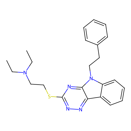 N,N-diethyl-2-((5-phenethyl-5H-[1,2,4]triazino[5,6-b]indol-3-yl)thio)ethanamine structure