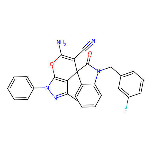 6'-amino-1-(3-fluorobenzyl)-3'-methyl-2-oxo-1'-phenyl-1,2-dihydro-1'H-spiro[indole-3,4'-pyrano[2,3-c]pyrazole]-5'-carbonitrile structure