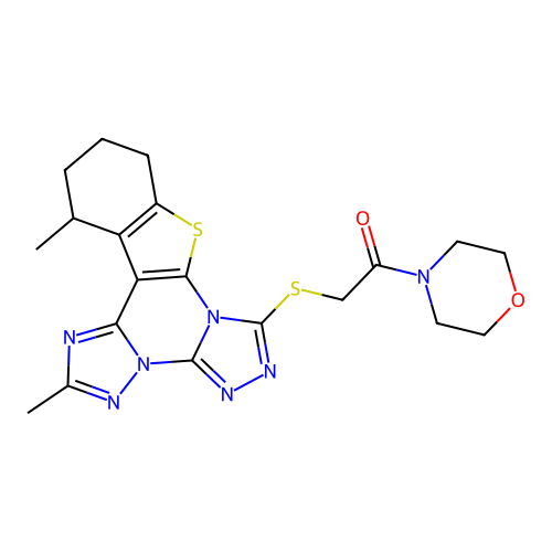 2-((2,13-dimethyl-10,11,12,13-tetrahydrobenzo[4,5]thieno[3,2-e]bis([1,2,4]triazolo)[4,3-a:1',5'-c]pyrimidin-7-yl)thio)-1-morpholinoethanone structure