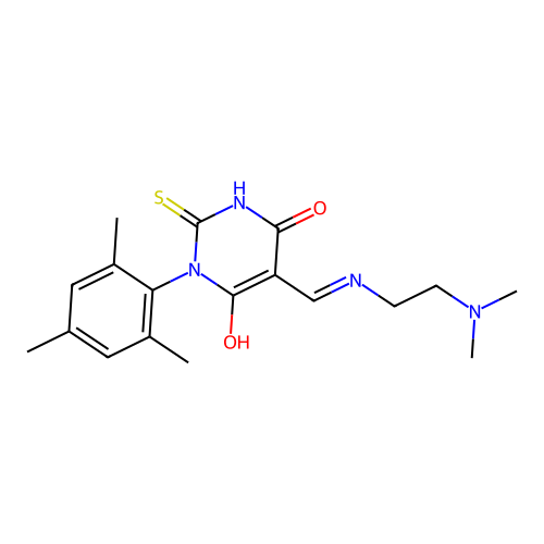 (E)-5-(((2-(dimethylamino)ethyl)amino)methylene)-1-mesityl-2-thioxodihydropyrimidine-4,6(1H,5H)-dione structure