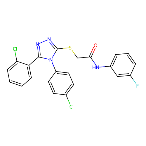 2-[[5-(2-chlorophenyl)-4-(4-chlorophenyl)-1,2,4-triazol-3-yl]sulfanyl]-N-(3-fluorophenyl)acetamide structure