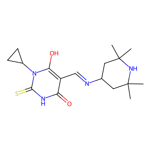 (E)-1-cyclopropyl-5-(((2,2,6,6-tetramethylpiperidin-4-yl)amino)methylene)-2-thioxodihydropyrimidine-4,6(1H,5H)-dione structure