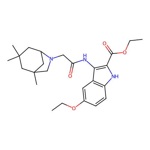 ethyl 5-ethoxy-3-(2-(1,3,3-trimethyl-6-azabicyclo[3.2.1]octan-6-yl)acetamido)-1H-indole-2-carboxylate structure
