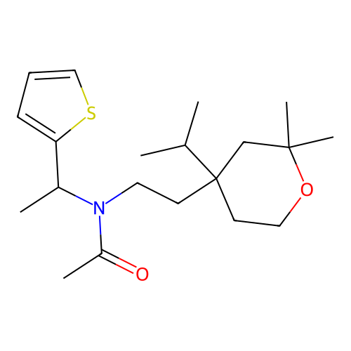 N-[2-(2,2-dimethyl-4-propan-2-yloxan-4-yl)ethyl]-N-(1-thiophen-2-ylethyl)acetamide structure