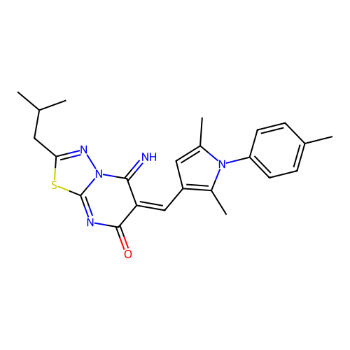 (6E)-6-[[2,5-dimethyl-1-(4-methylphenyl)pyrrol-3-yl]methylidene]-5-imino-2-(2-methylpropyl)-[1,3,4]thiadiazolo[3,2-a]pyrimidin-7-one structure