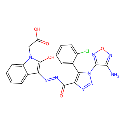 (Z)-2-(3-(2-(1-(4-amino-1,2,5-oxadiazol-3-yl)-5-(2-chlorophenyl)-1H-1,2,3-triazole-4-carbonyl)hydrazono)-2-oxoindolin-1-yl)acetic acid structure