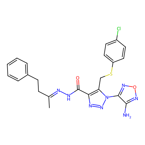 (E)-1-(4-amino-1,2,5-oxadiazol-3-yl)-5-(((4-chlorophenyl)thio)methyl)-N'-(4-phenylbutan-2-ylidene)-1H-1,2,3-triazole-4-carbohydrazide structure