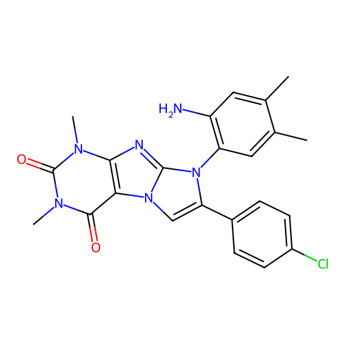 8-(2-amino-4,5-dimethylphenyl)-7-(4-chlorophenyl)-1,3-dimethyl-1H-imidazo[2,1-f]purine-2,4(3H,8H)-dione structure